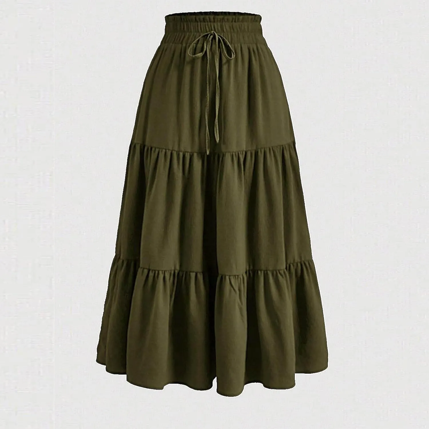 Women Summer Midi Skirts Elastic High Waisted Pleated Tiered Plain Drawstring Tie-up Wrap Casual A Line Skirt