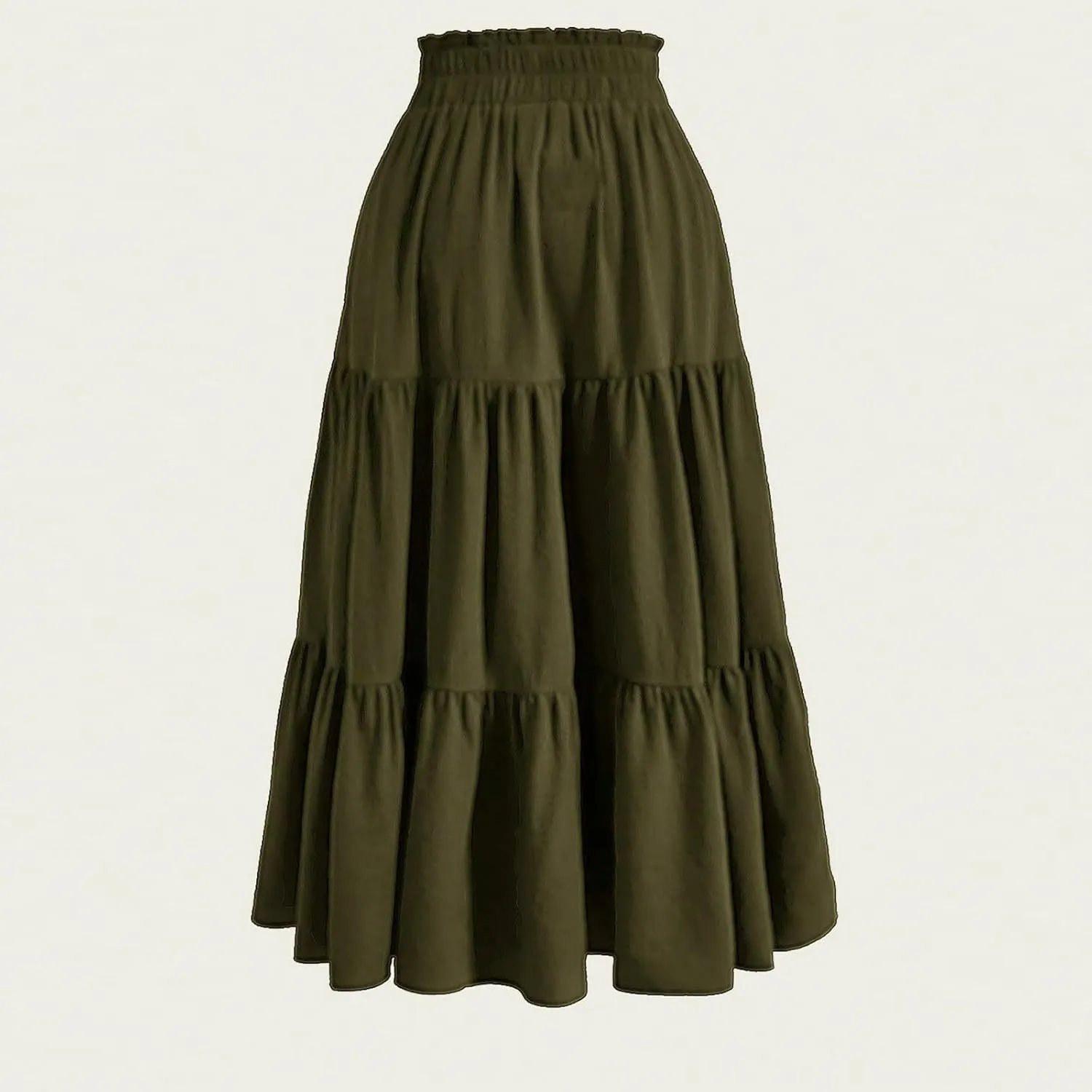 Women Summer Midi Skirts Elastic High Waisted Pleated Tiered Plain Drawstring Tie-up Wrap Casual A Line Skirt