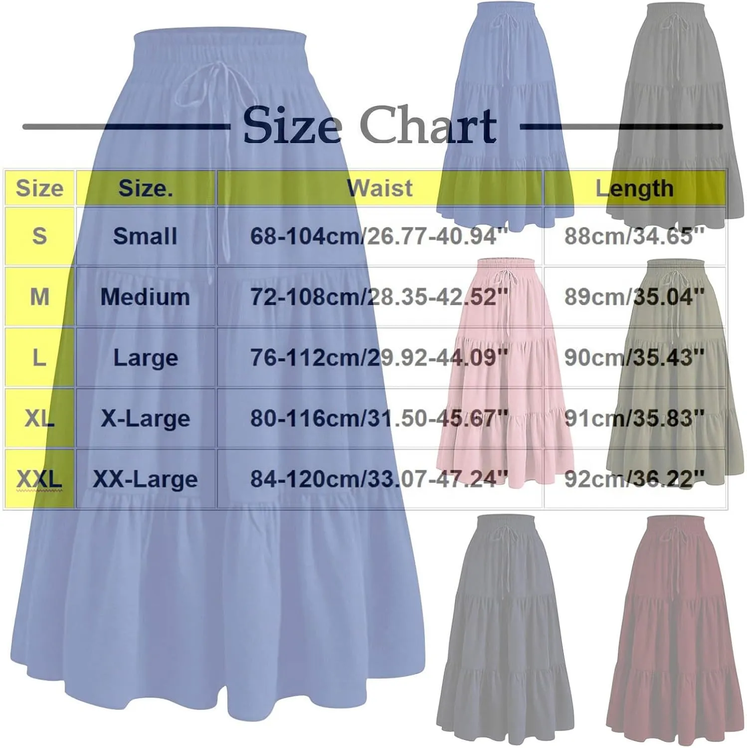 Women Summer Midi Skirts Elastic High Waisted Pleated Tiered Plain Drawstring Tie-up Wrap Casual A Line Skirt