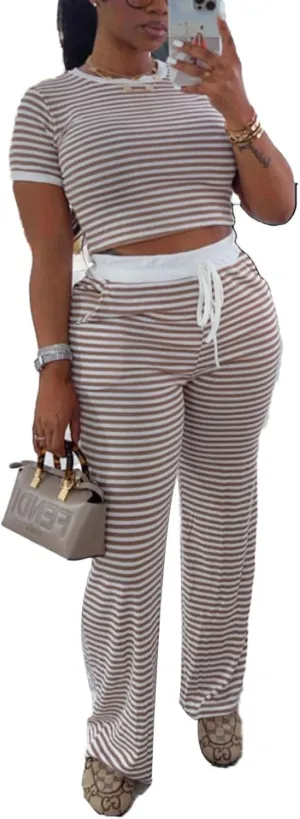 Women Two Piece Set- Striped Pants Suit Lounge Outfit Casual Summer Crop Top Long Pants Matching Activewear Jumpsuit