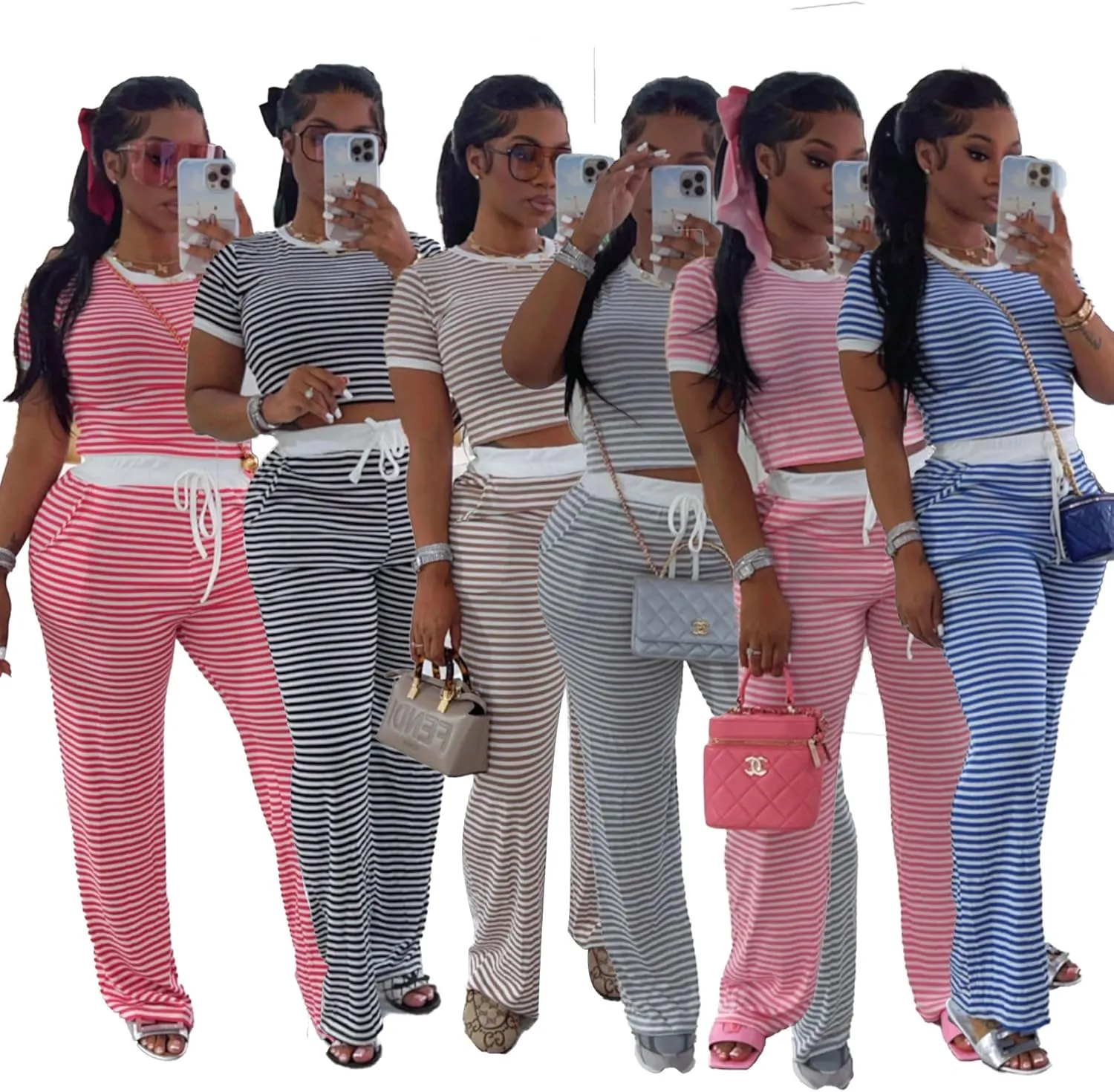Women Two Piece Set- Striped Pants Suit Lounge Outfit Casual Summer Crop Top Long Pants Matching Activewear Jumpsuit