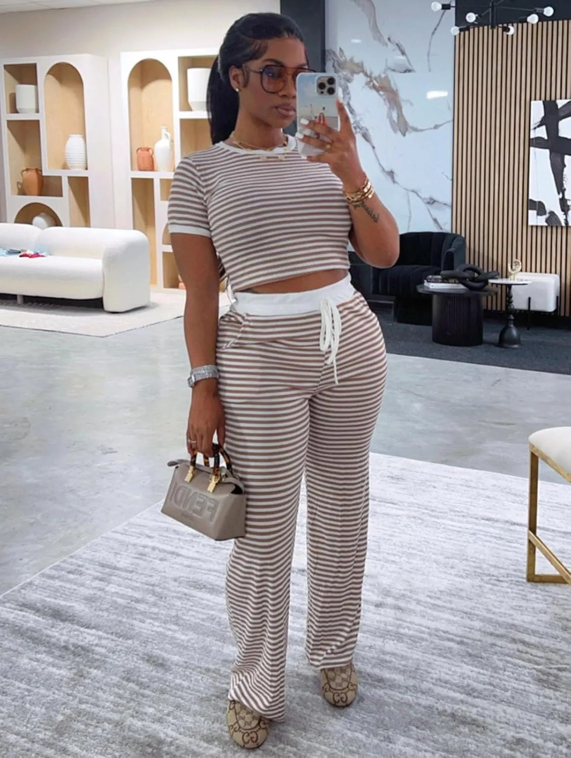 Women Two Piece Set- Striped Pants Suit Lounge Outfit Casual Summer Crop Top Long Pants Matching Activewear Jumpsuit