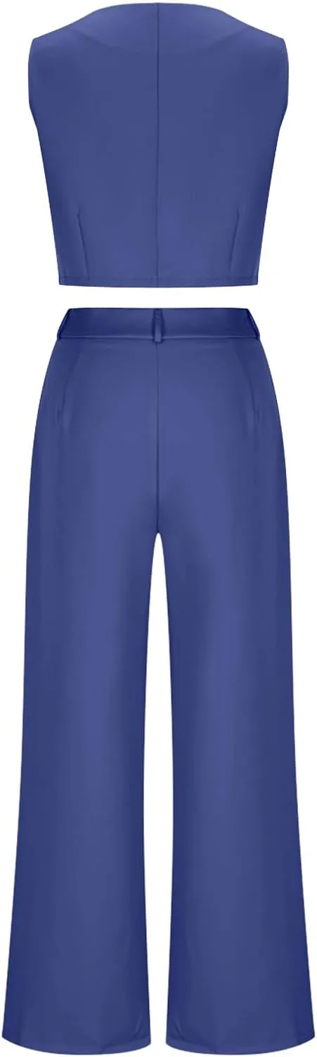 Women V Neck Button Front Cropped Vest and Pleated Wide Leg Dress Pants 2 Piece Set Summer Trendy Going Out Outfits