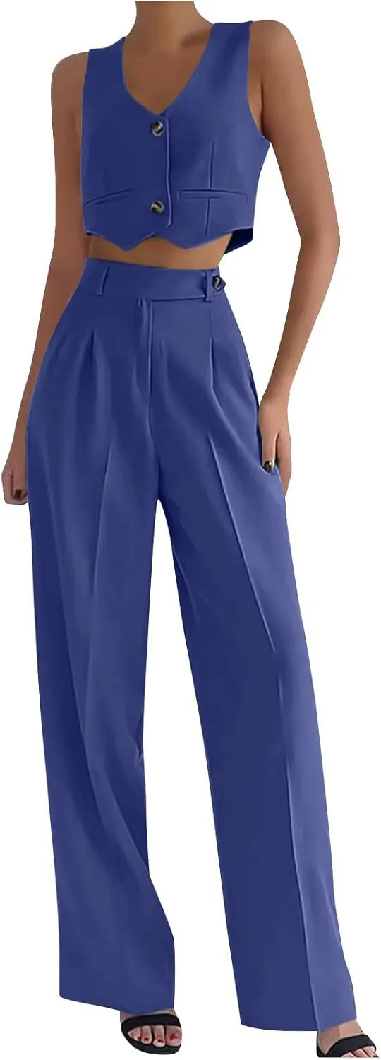 Women V Neck Button Front Cropped Vest and Pleated Wide Leg Dress Pants 2 Piece Set Summer Trendy Going Out Outfits