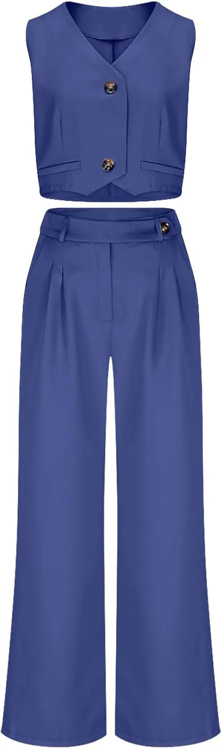Women V Neck Button Front Cropped Vest and Pleated Wide Leg Dress Pants 2 Piece Set Summer Trendy Going Out Outfits