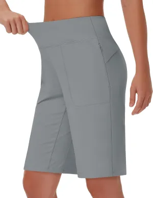 Womens' 9" Bermuda Short with Zipper Pockets High Waisted Stretch Pickleball Athletic Workout Running Casual Long Short