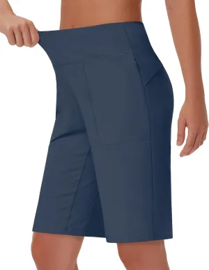 Womens' 9" Bermuda Short with Zipper Pockets High Waisted Stretch Pickleball Athletic Workout Running Casual Long Short