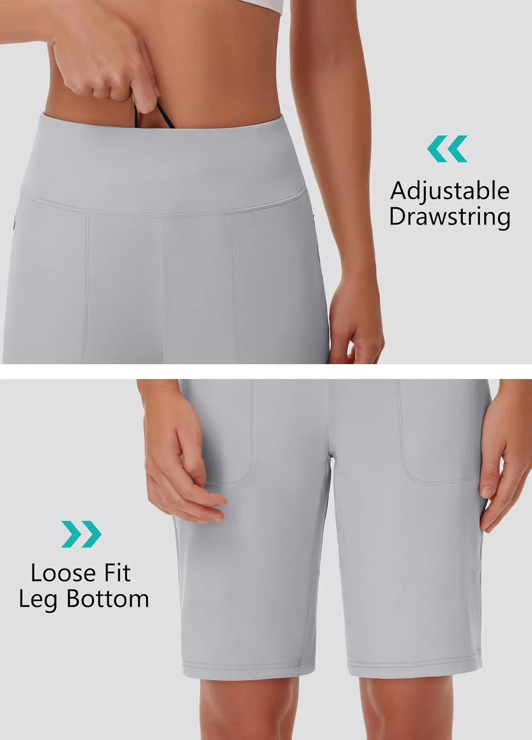 Womens' 9" Bermuda Short with Zipper Pockets High Waisted Stretch Pickleball Athletic Workout Running Casual Long Short