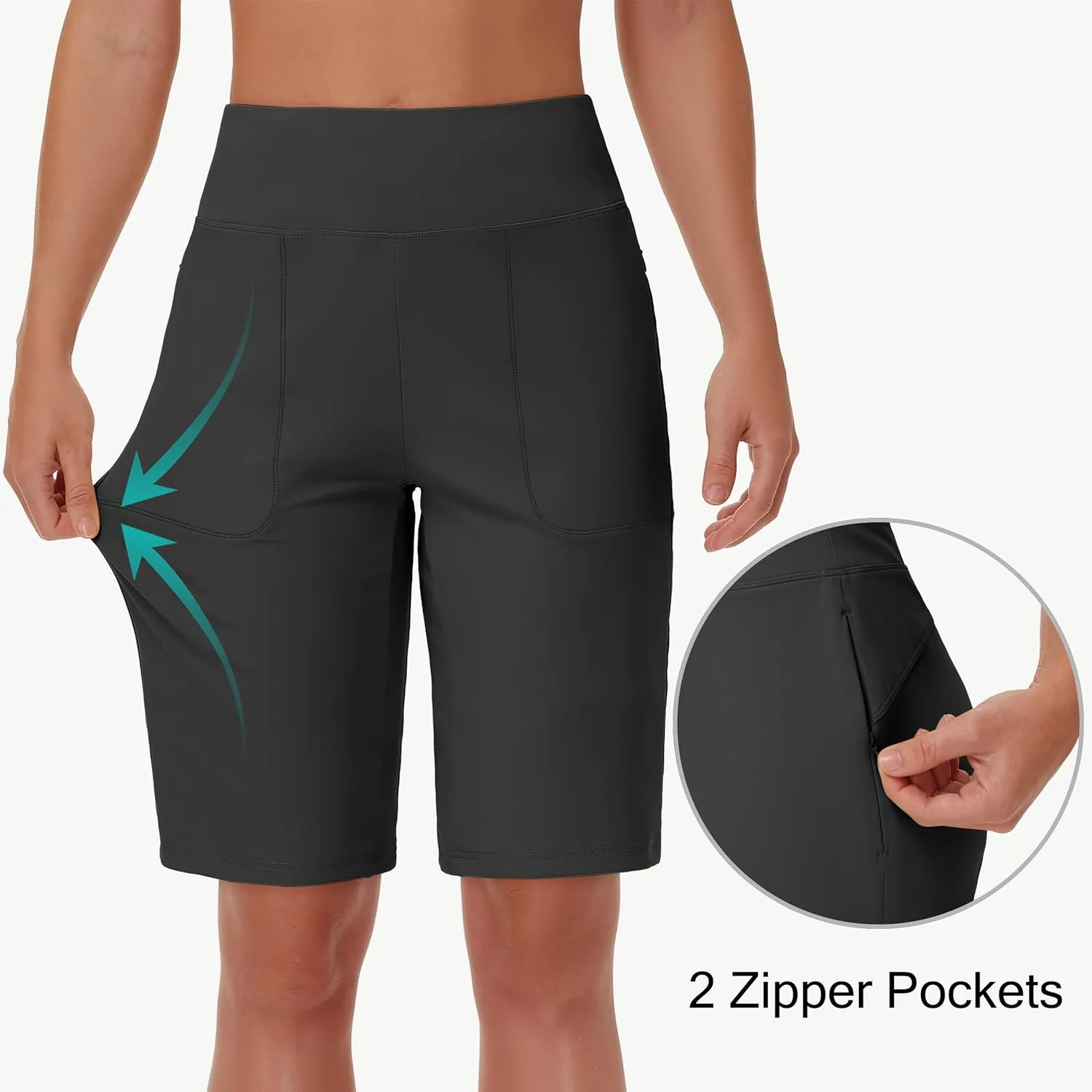 Womens' 9" Bermuda Short with Zipper Pockets High Waisted Stretch Pickleball Athletic Workout Running Casual Long Short