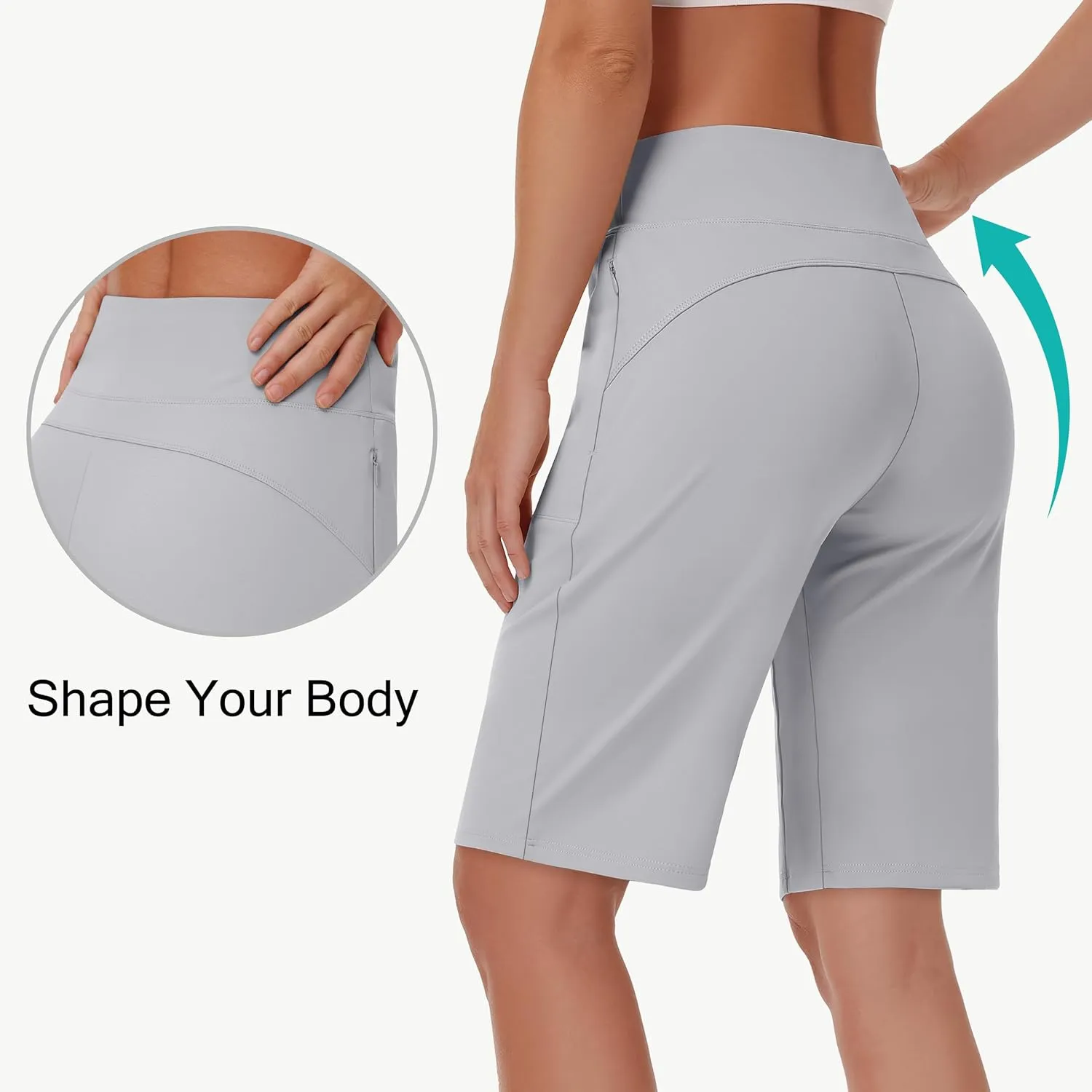 Womens' 9" Bermuda Short with Zipper Pockets High Waisted Stretch Pickleball Athletic Workout Running Casual Long Short