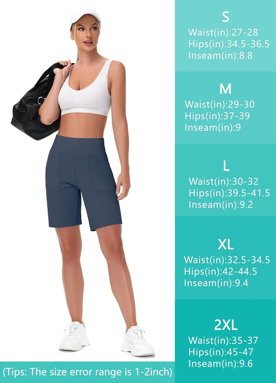Womens' 9" Bermuda Short with Zipper Pockets High Waisted Stretch Pickleball Athletic Workout Running Casual Long Short
