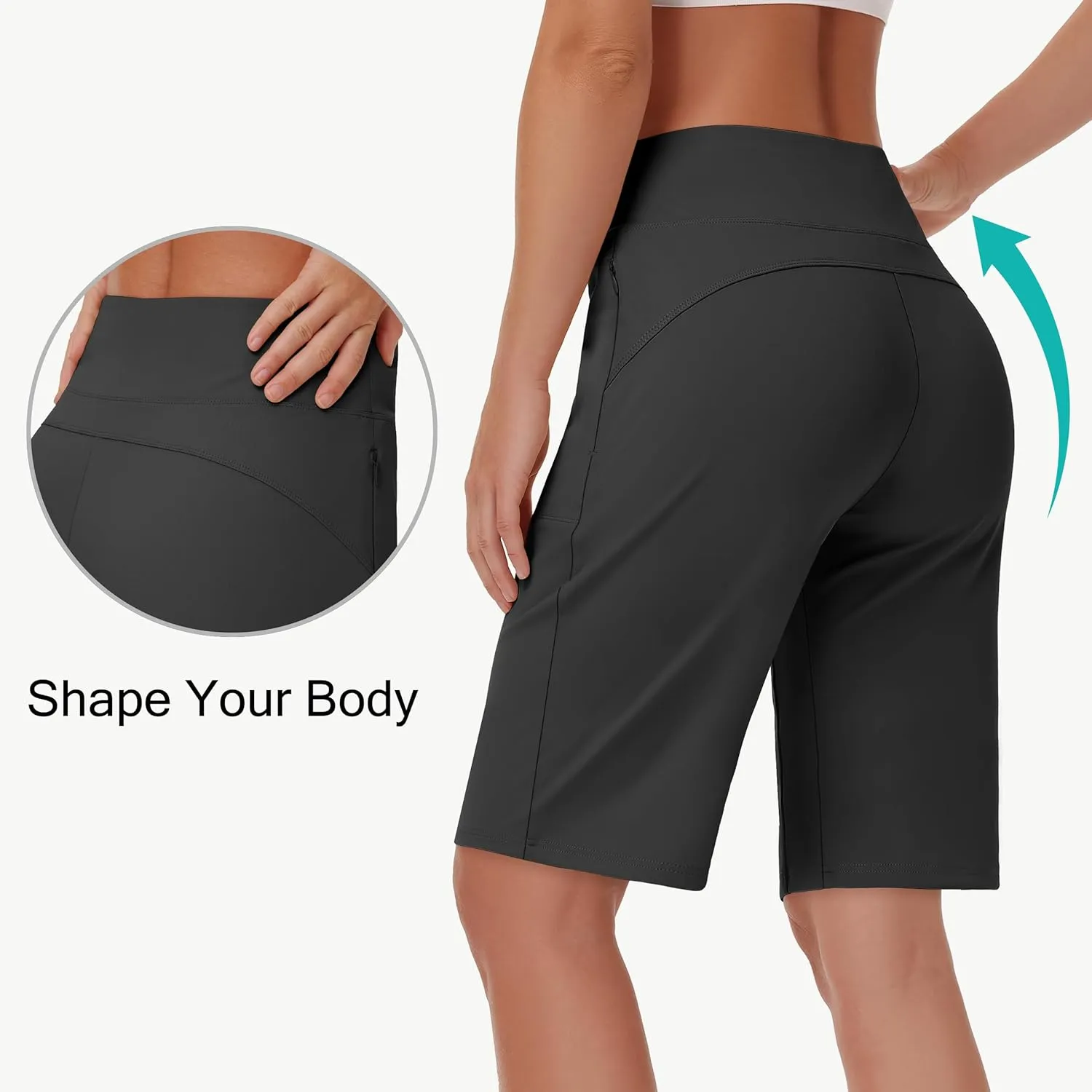 Womens' 9" Bermuda Short with Zipper Pockets High Waisted Stretch Pickleball Athletic Workout Running Casual Long Short