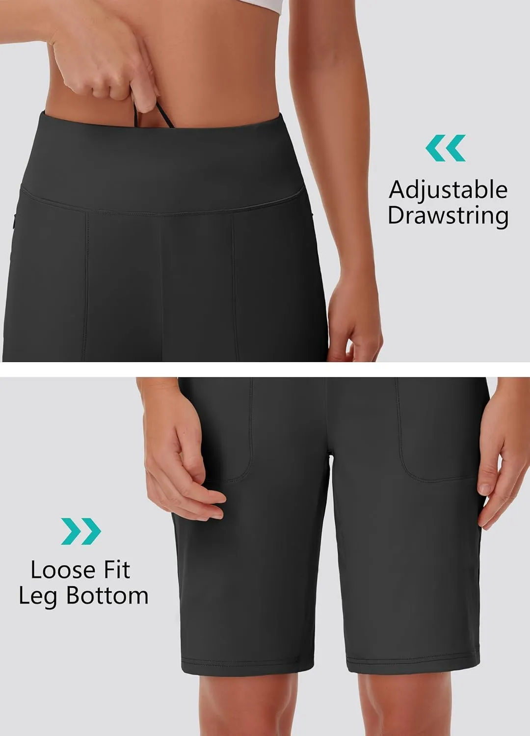 Womens' 9" Bermuda Short with Zipper Pockets High Waisted Stretch Pickleball Athletic Workout Running Casual Long Short