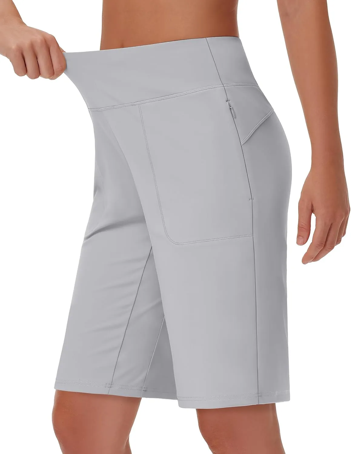 Womens' 9" Bermuda Short with Zipper Pockets High Waisted Stretch Pickleball Athletic Workout Running Casual Long Short