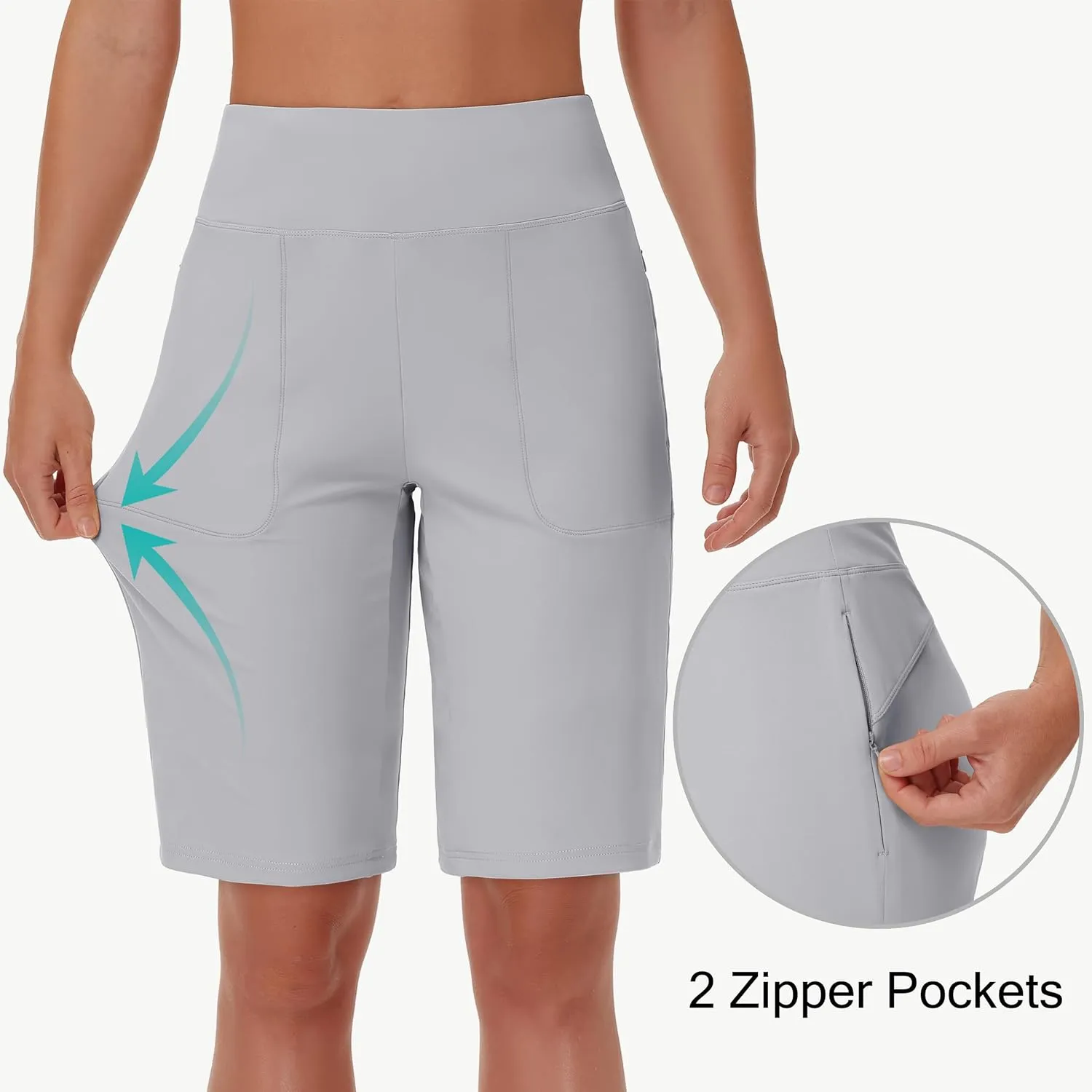 Womens' 9" Bermuda Short with Zipper Pockets High Waisted Stretch Pickleball Athletic Workout Running Casual Long Short