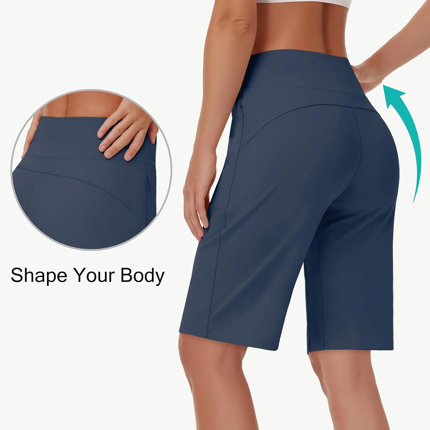 Womens' 9" Bermuda Short with Zipper Pockets High Waisted Stretch Pickleball Athletic Workout Running Casual Long Short