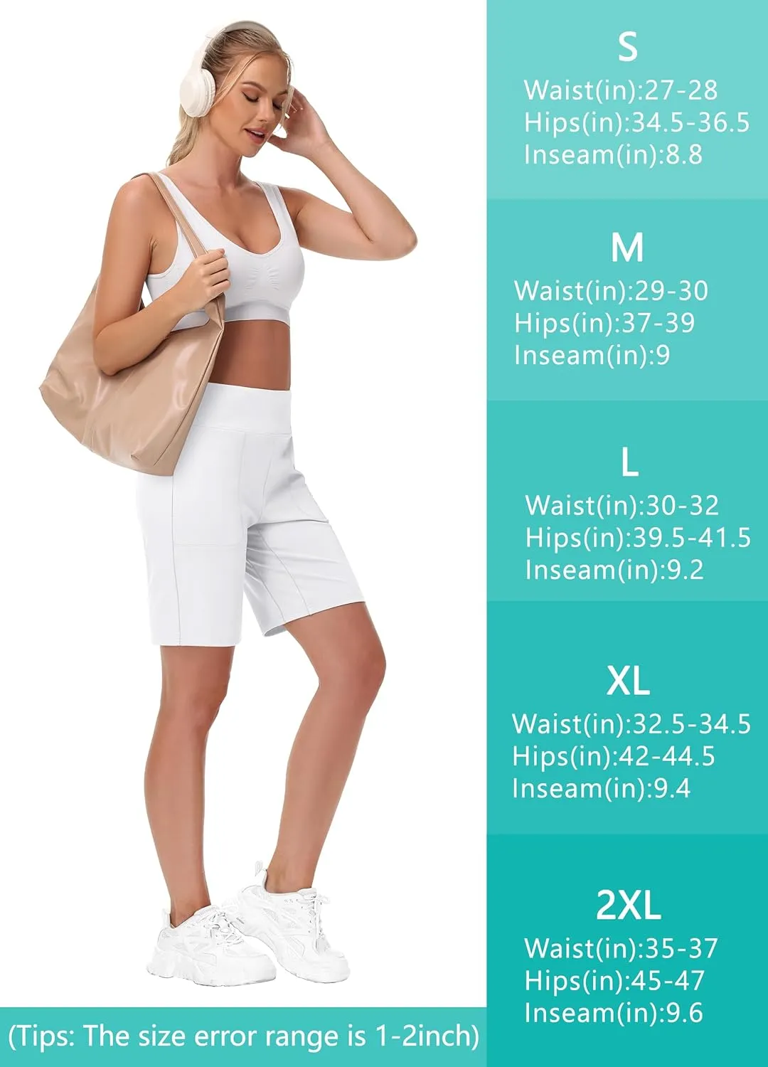 Womens' 9" Bermuda Short with Zipper Pockets High Waisted Stretch Pickleball Athletic Workout Running Casual Long Short