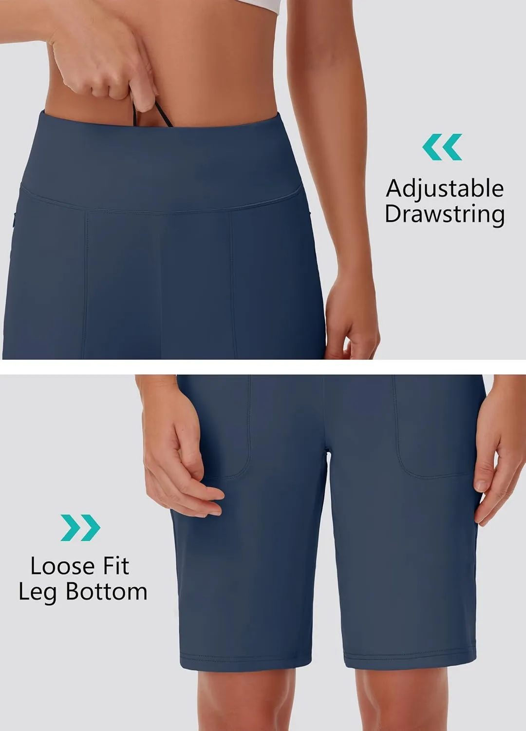 Womens' 9" Bermuda Short with Zipper Pockets High Waisted Stretch Pickleball Athletic Workout Running Casual Long Short