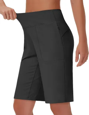Womens' 9" Bermuda Short with Zipper Pockets High Waisted Stretch Pickleball Athletic Workout Running Casual Long Short
