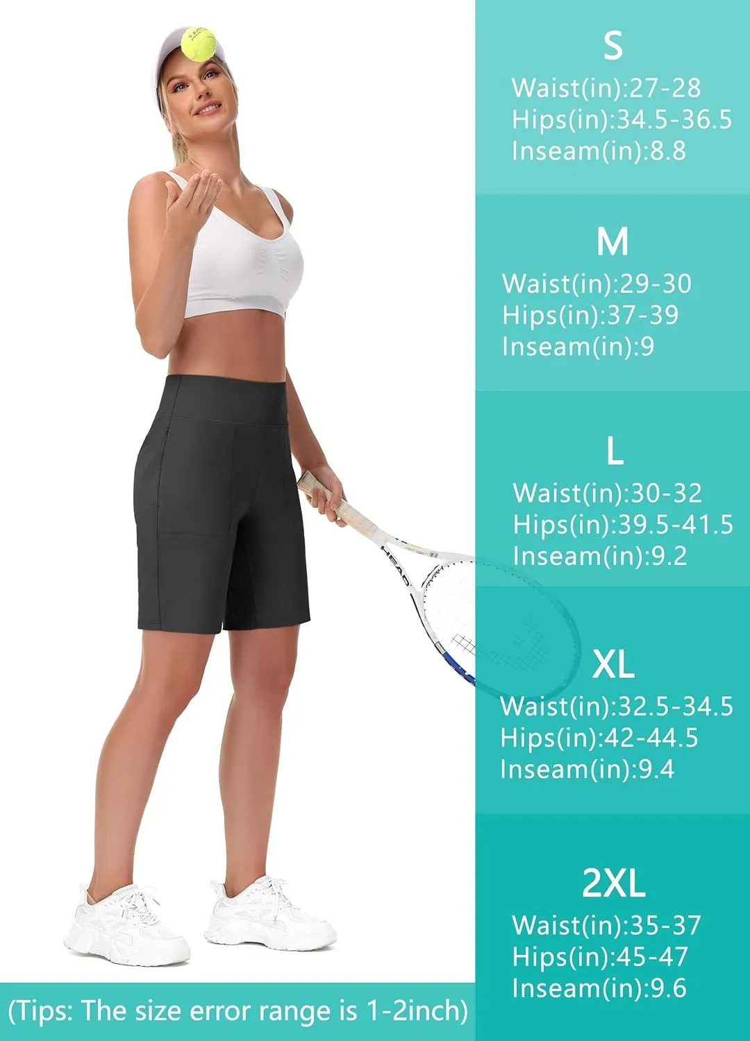 Womens' 9" Bermuda Short with Zipper Pockets High Waisted Stretch Pickleball Athletic Workout Running Casual Long Short