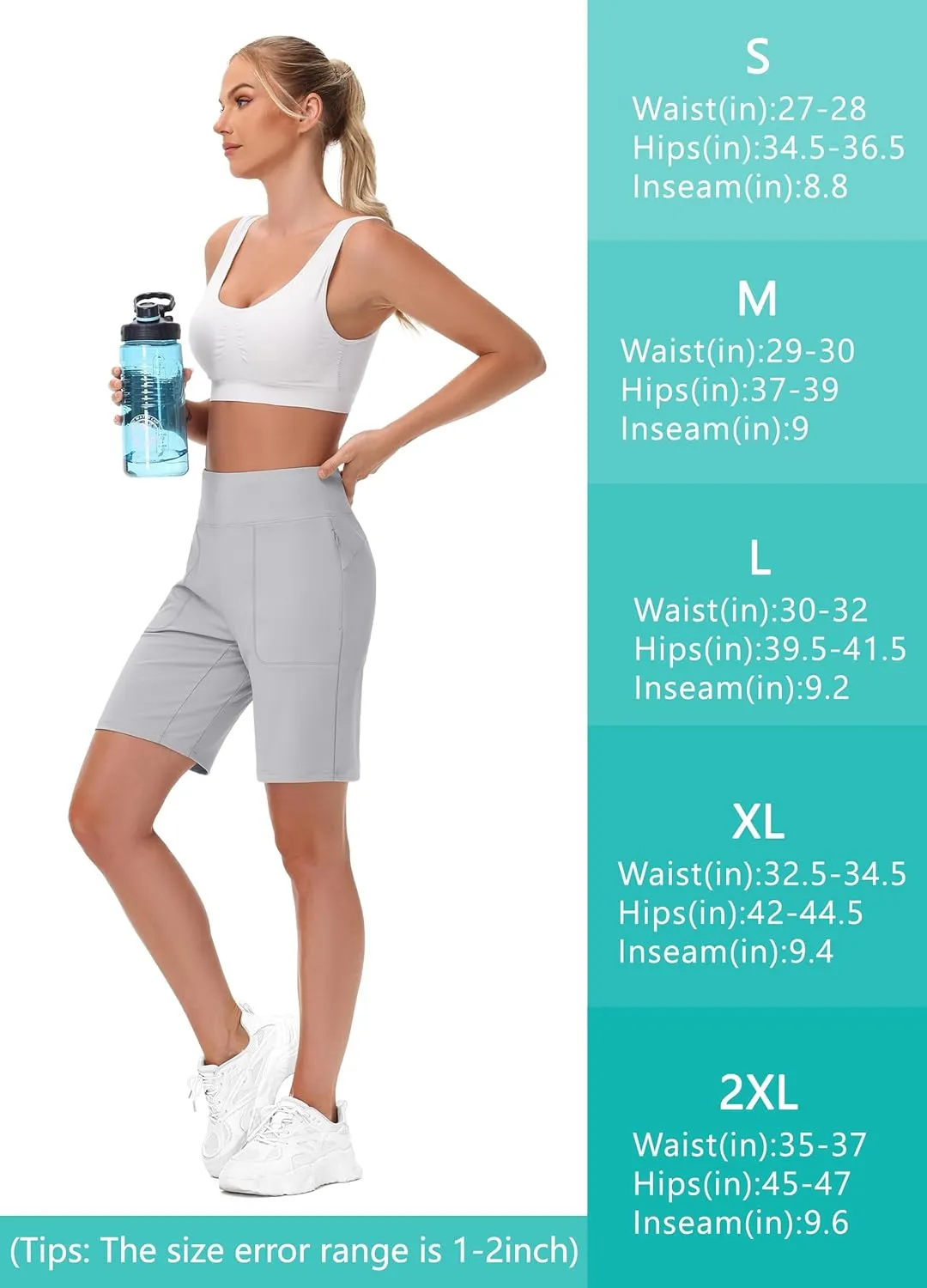 Womens' 9" Bermuda Short with Zipper Pockets High Waisted Stretch Pickleball Athletic Workout Running Casual Long Short
