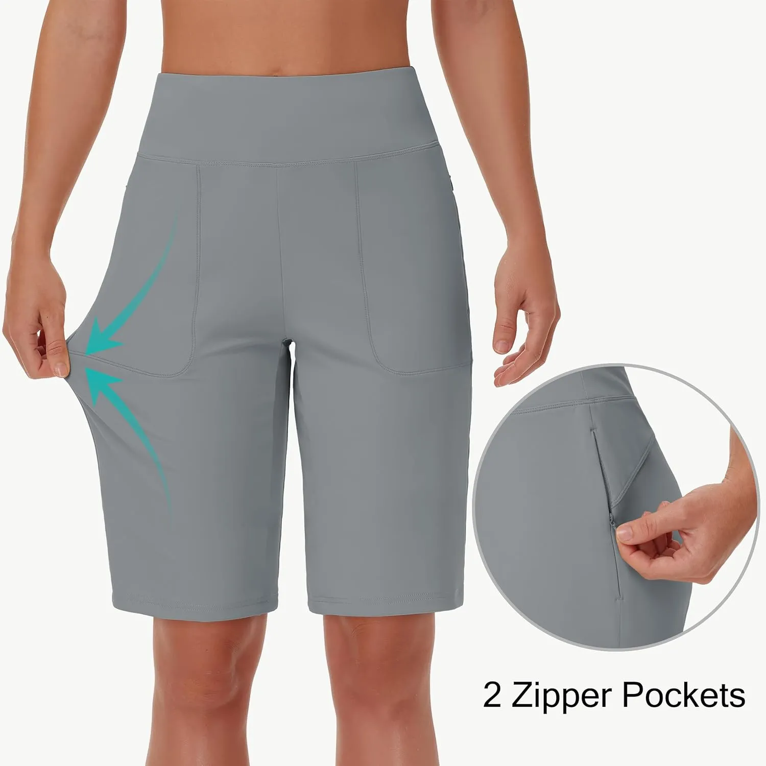 Womens' 9" Bermuda Short with Zipper Pockets High Waisted Stretch Pickleball Athletic Workout Running Casual Long Short