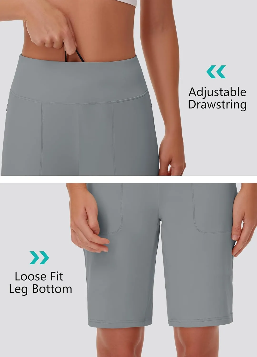 Womens' 9" Bermuda Short with Zipper Pockets High Waisted Stretch Pickleball Athletic Workout Running Casual Long Short