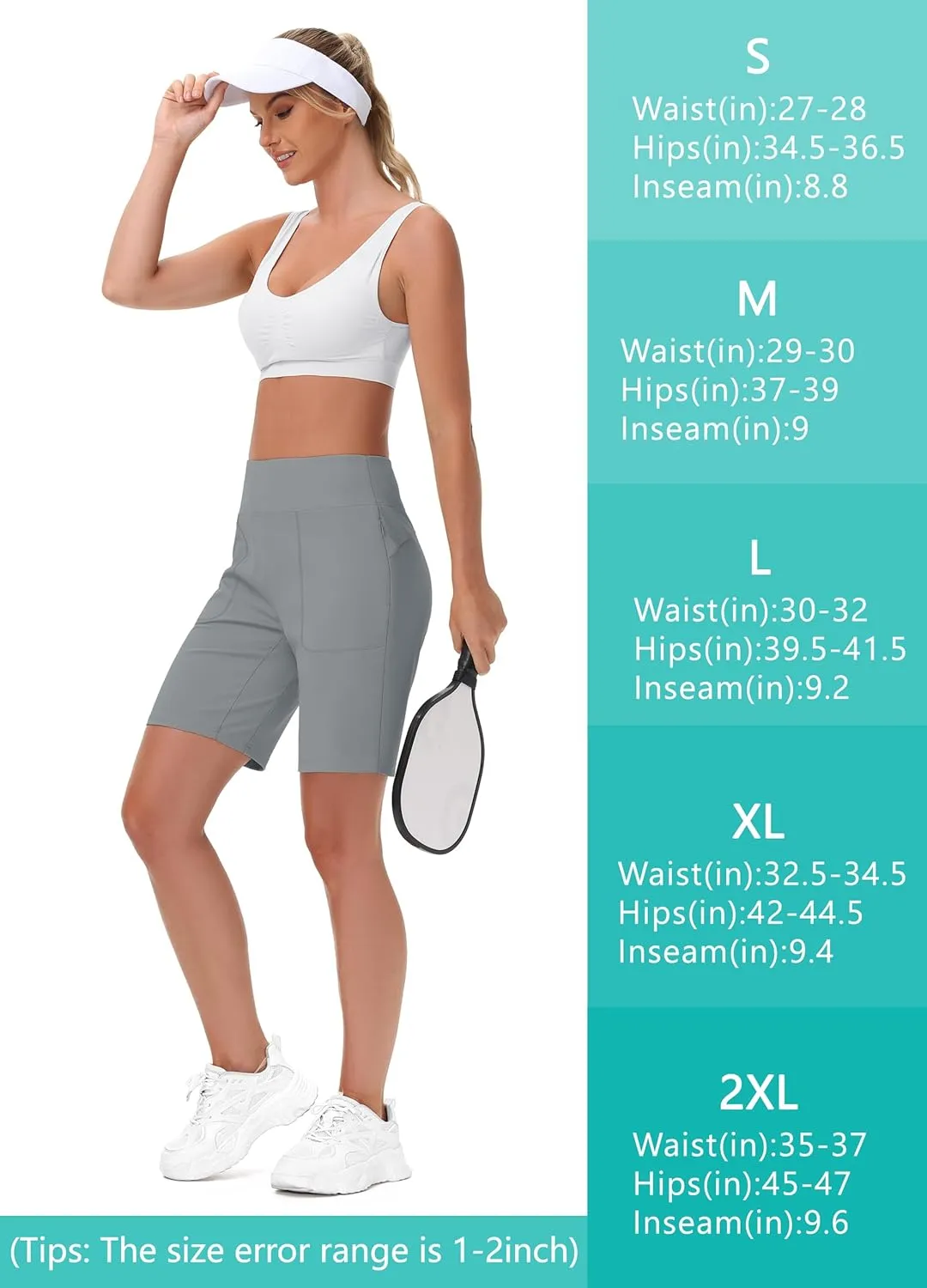 Womens' 9" Bermuda Short with Zipper Pockets High Waisted Stretch Pickleball Athletic Workout Running Casual Long Short