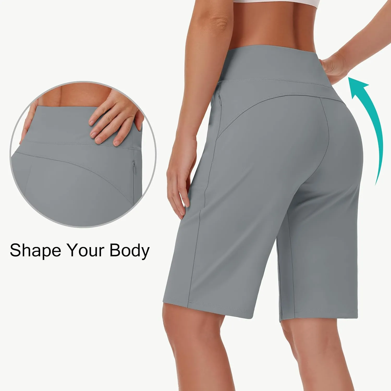 Womens' 9" Bermuda Short with Zipper Pockets High Waisted Stretch Pickleball Athletic Workout Running Casual Long Short