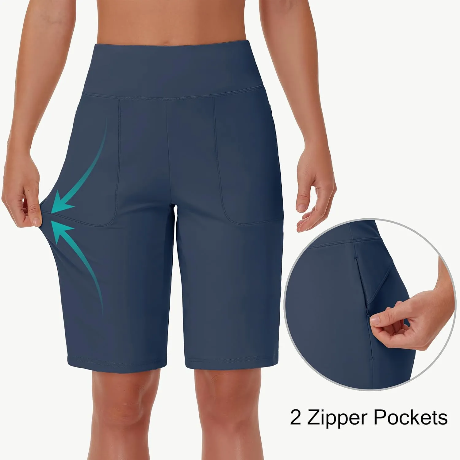 Womens' 9" Bermuda Short with Zipper Pockets High Waisted Stretch Pickleball Athletic Workout Running Casual Long Short