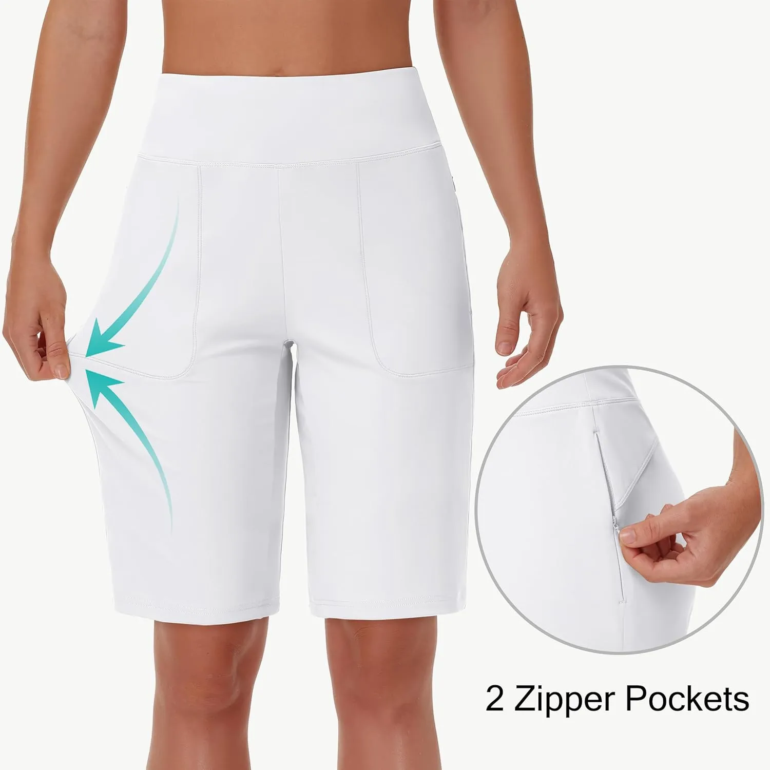 Womens' 9" Bermuda Short with Zipper Pockets High Waisted Stretch Pickleball Athletic Workout Running Casual Long Short