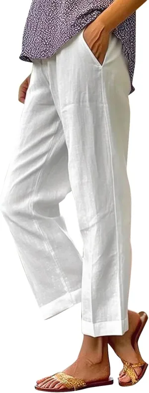 Womens Boho Linen Capris Pants Elastic Waist Drawstring Loose Leg Cropped Trousers Summer Beach Outfits