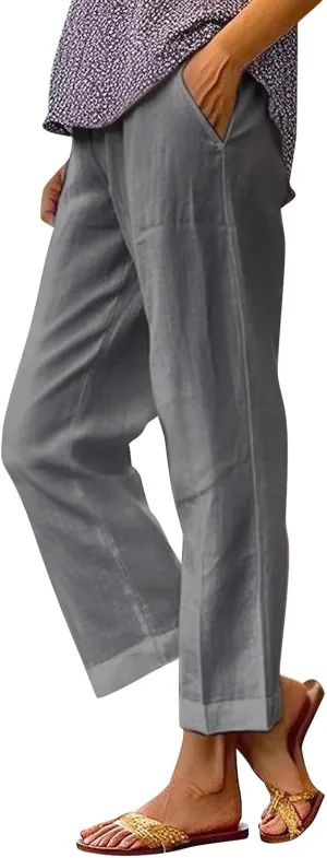 Womens Boho Linen Capris Pants Elastic Waist Drawstring Loose Leg Cropped Trousers Summer Beach Outfits
