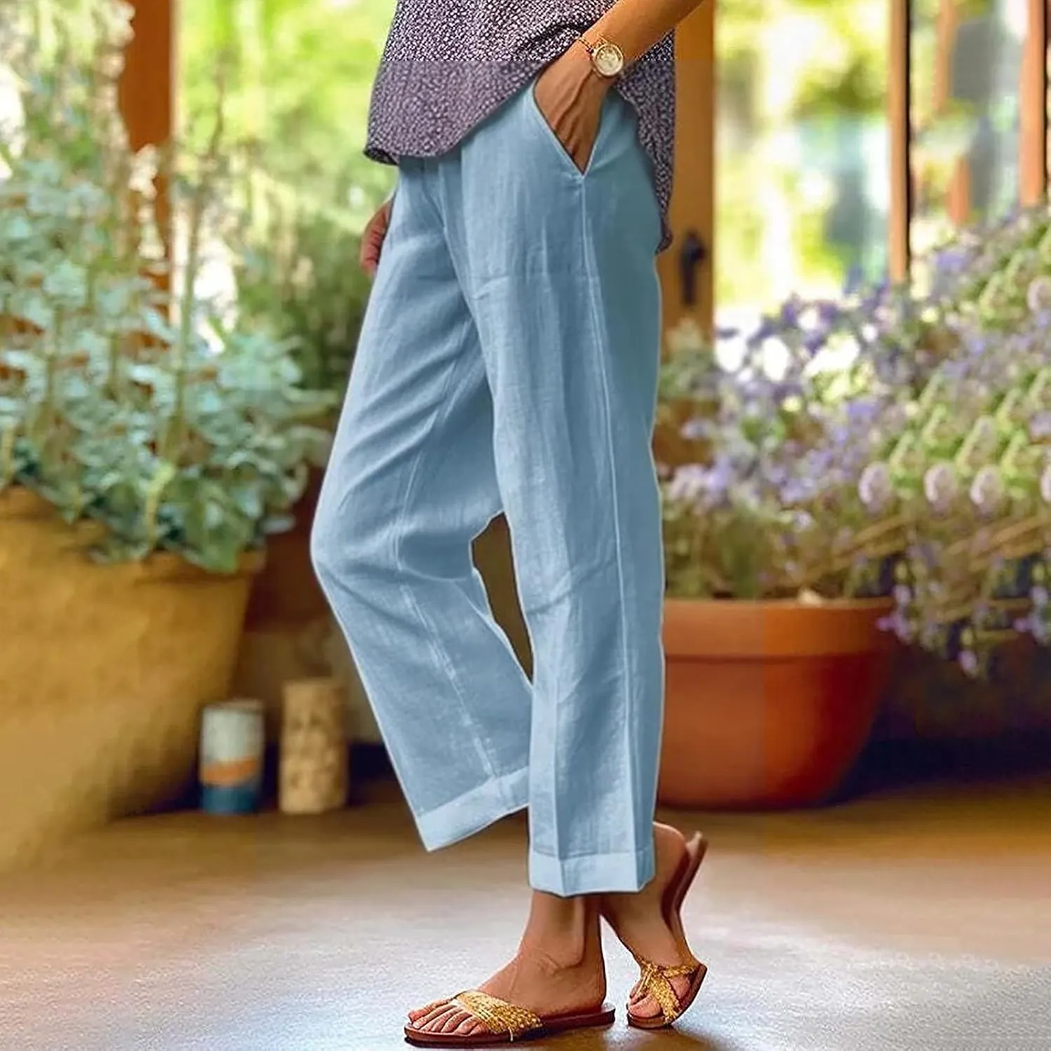 Womens Boho Linen Capris Pants Elastic Waist Drawstring Loose Leg Cropped Trousers Summer Beach Outfits