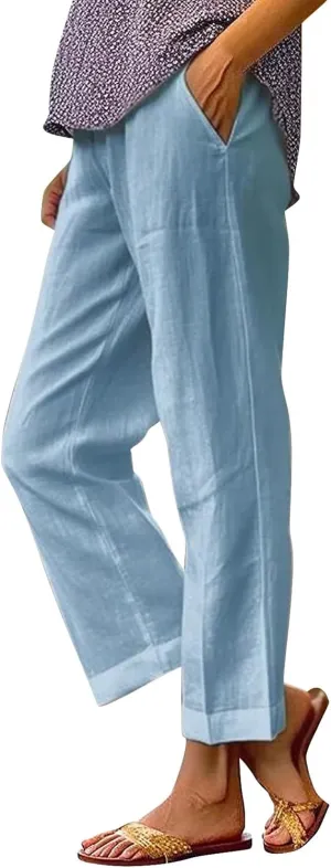 Womens Boho Linen Capris Pants Elastic Waist Drawstring Loose Leg Cropped Trousers Summer Beach Outfits