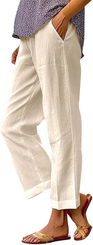 Womens Boho Linen Capris Pants Elastic Waist Drawstring Loose Leg Cropped Trousers Summer Beach Outfits