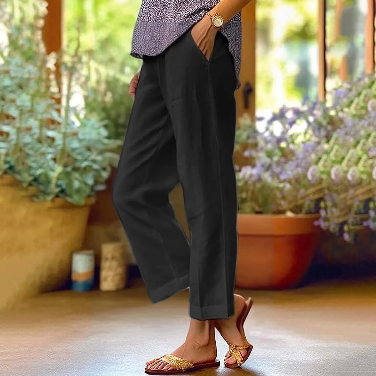 Womens Boho Linen Capris Pants Elastic Waist Drawstring Loose Leg Cropped Trousers Summer Beach Outfits