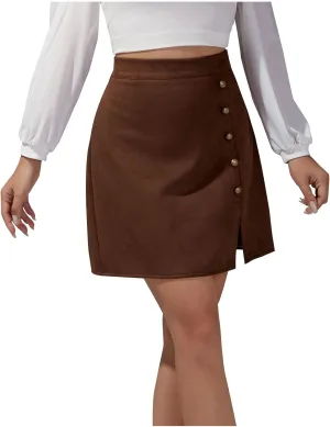 Women's Button Front Slit Mini Skirt High Waisted Bodycon Pencil Skirts Trendy Above Knee Length Wrap A Line Skirt