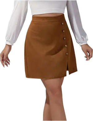 Women's Button Front Slit Mini Skirt High Waisted Bodycon Pencil Skirts Trendy Above Knee Length Wrap A Line Skirt