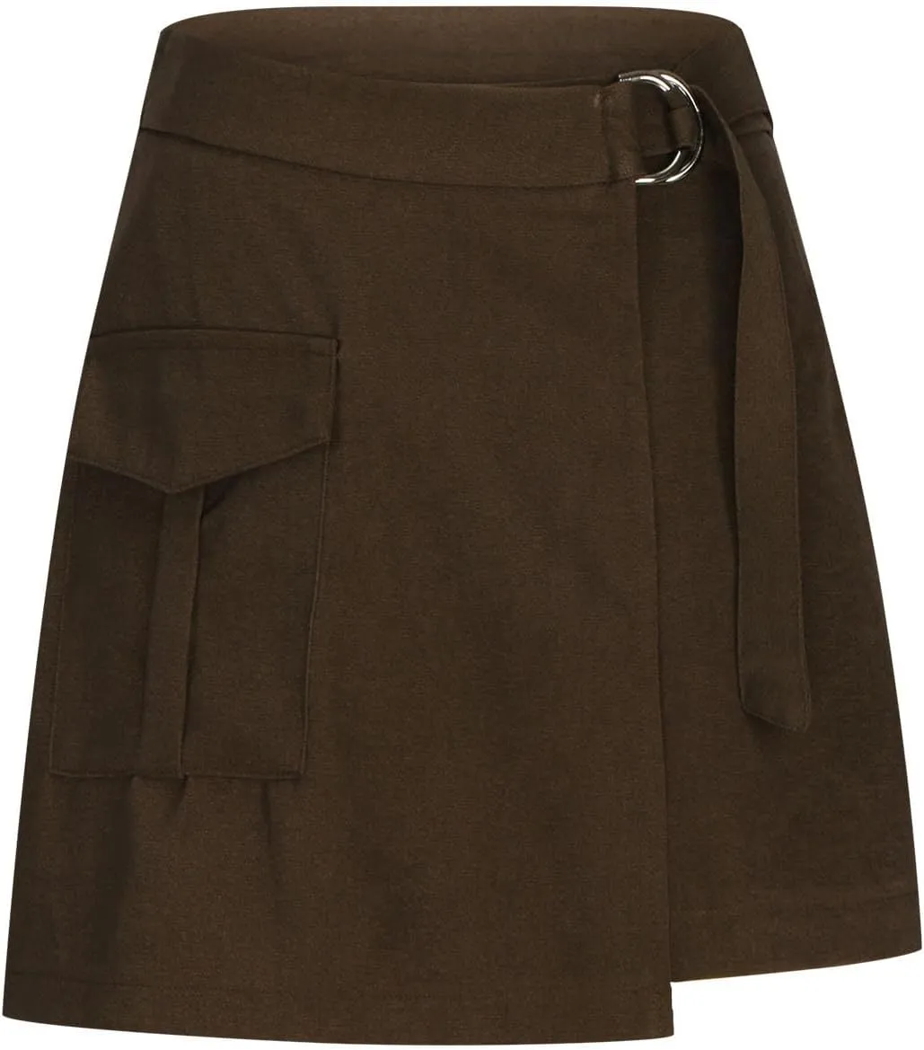 Women's Cargo Skirt Asymmetrical Slit High Waist Wrap Mini Skirt Bodycon Stretchy A-line Skirt with Adjustable Belt