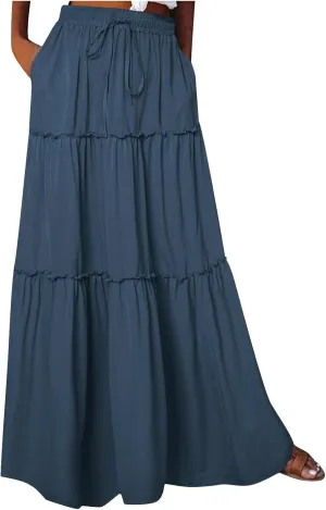 Womens Casual Boho Maxi Skirt Trendy Pleated Ruffle Flowy Skirt Drawstring Elastic High Waisted Summer A-Line Skirts