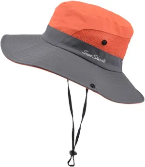 Women's Casual Fishing Bucket Hat Summer Sun Outdoor UV Protection Boonie Foldable Mesh Wide Brim Ponytail Beach Hat