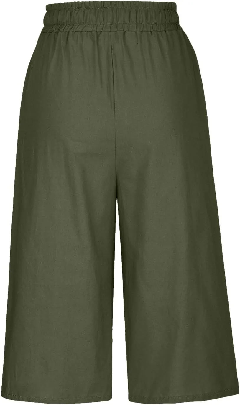 Women's Cotton Linen Drawstring Pant Solid High Elastic Capris Trouser Stretch Cropped Summer Casual Sweatpant