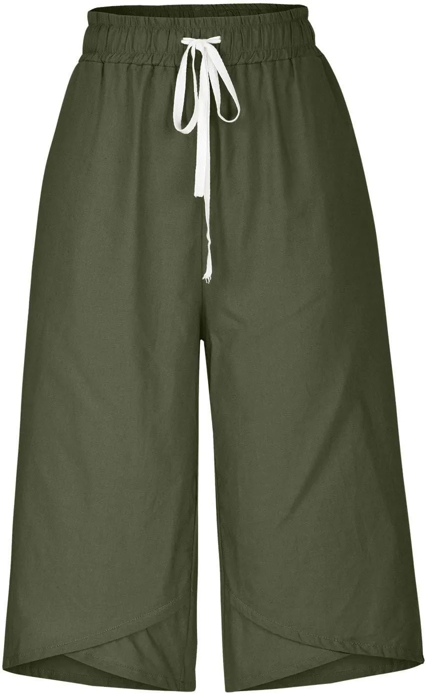 Women's Cotton Linen Drawstring Pant Solid High Elastic Capris Trouser Stretch Cropped Summer Casual Sweatpant