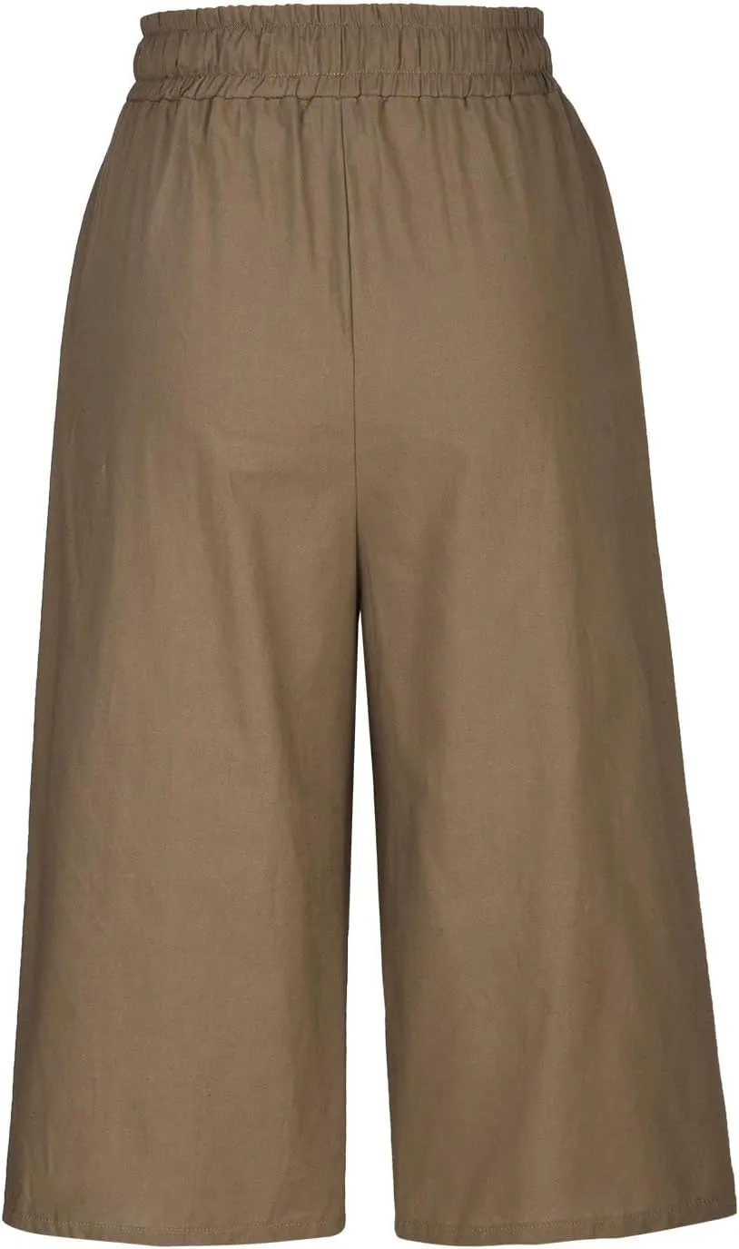 Women's Cotton Linen Drawstring Pant Solid High Elastic Capris Trouser Stretch Cropped Summer Casual Sweatpant