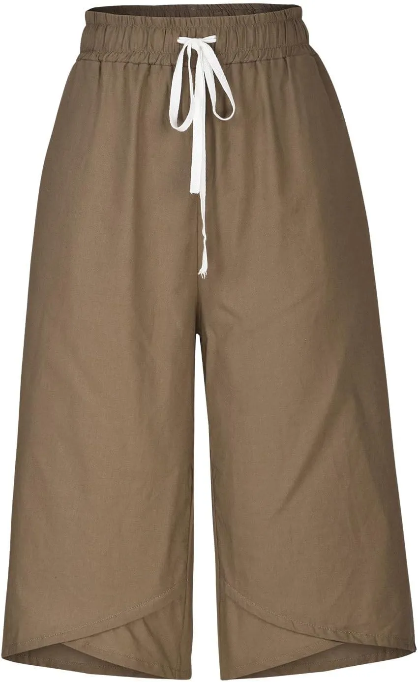 Women's Cotton Linen Drawstring Pant Solid High Elastic Capris Trouser Stretch Cropped Summer Casual Sweatpant