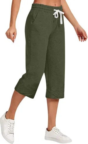 Women's Cotton Linen Drawstring Pant Solid High Elastic Capris Trouser Stretch Cropped Summer Casual Sweatpant