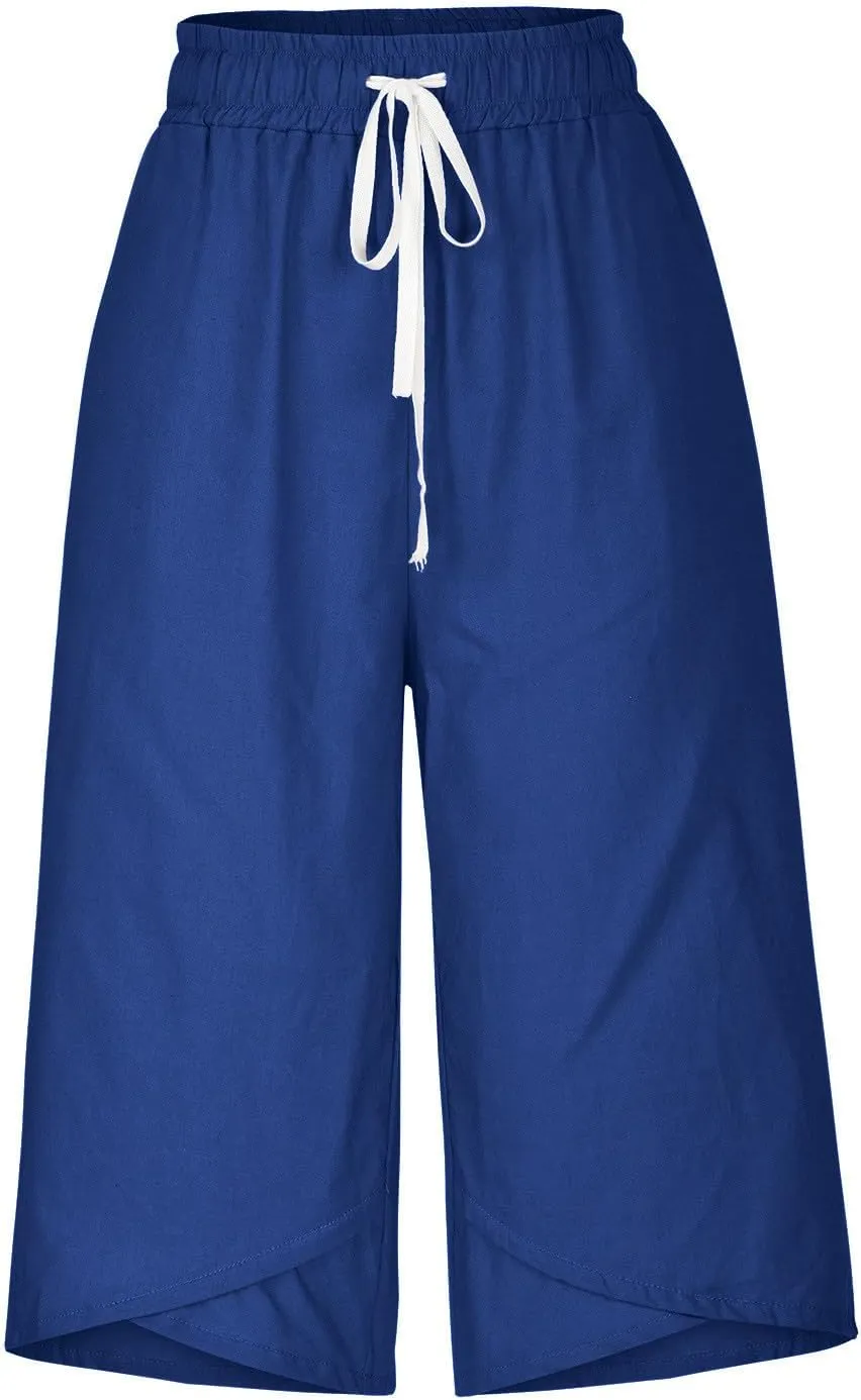 Women's Cotton Linen Drawstring Pant Solid High Elastic Capris Trouser Stretch Cropped Summer Casual Sweatpant