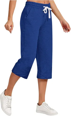 Women's Cotton Linen Drawstring Pant Solid High Elastic Capris Trouser Stretch Cropped Summer Casual Sweatpant