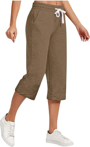 Women's Cotton Linen Drawstring Pant Solid High Elastic Capris Trouser Stretch Cropped Summer Casual Sweatpant